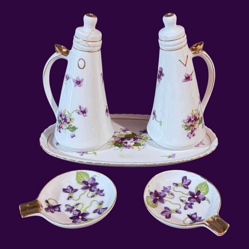 Vintage Norcrest Fine China Violet Floral Oil & Vinegar Cruet Set, Tray & Dishes